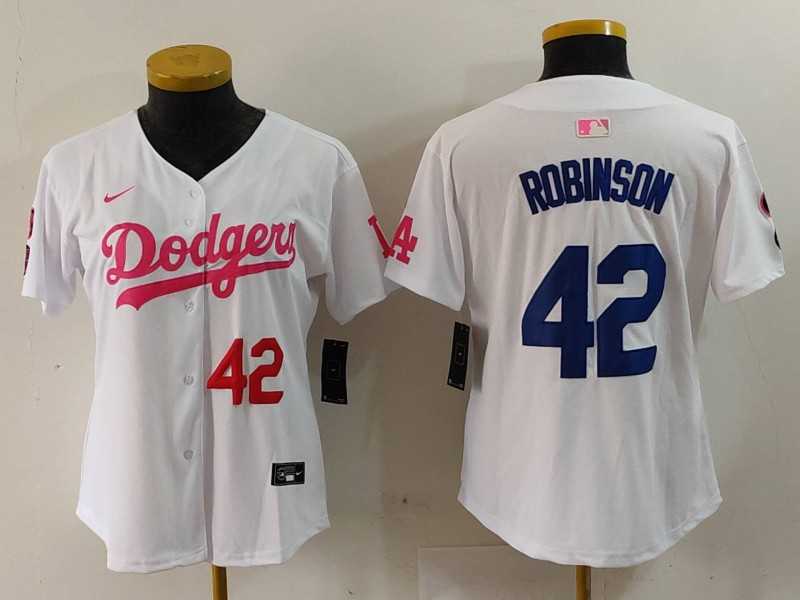 Womens Los Angeles Dodgers #42 Jackie Robinson White Pink With Patch Limited Stitched Jersey